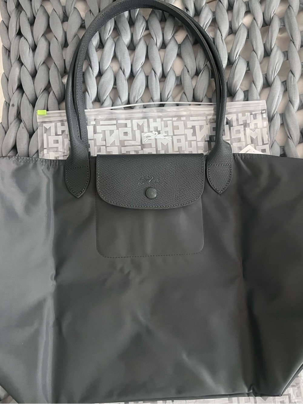 Longchamp Nylon Tote with Leather Flap and Handles - Large